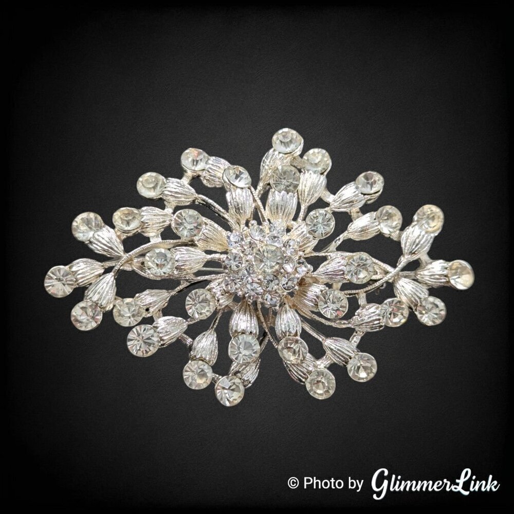 David Tutera Bridal Wedding Clear Rhinestone Crystals Floral Silver Tone Brooch